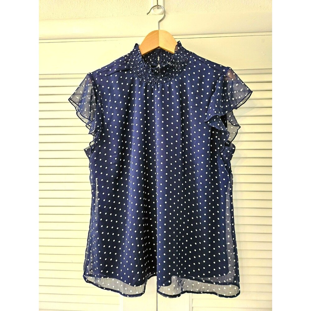 Tamara H Womens XL Sheer Navy Blue Polka Dot Short Flutter Sleeve Blouse Hi Neck